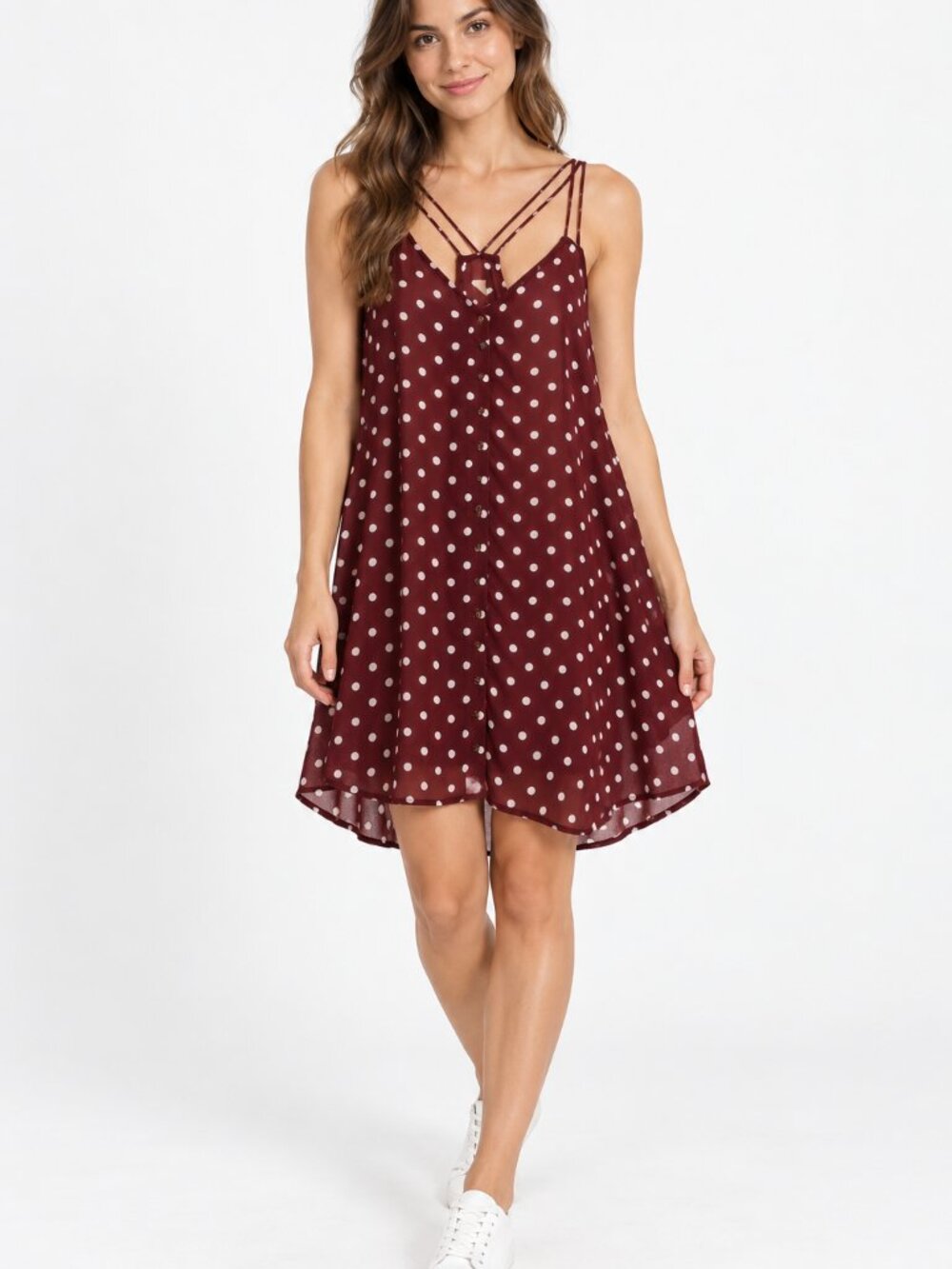 Dynamite Women’s Burgundy Polka Dot Strappy Top Size P/S Button Front